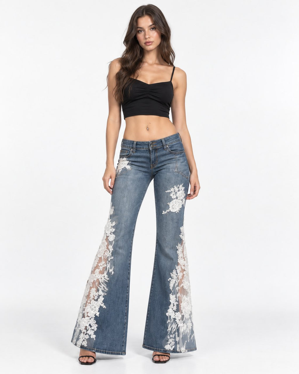 Ivory Bloom Flare Jeans front on model