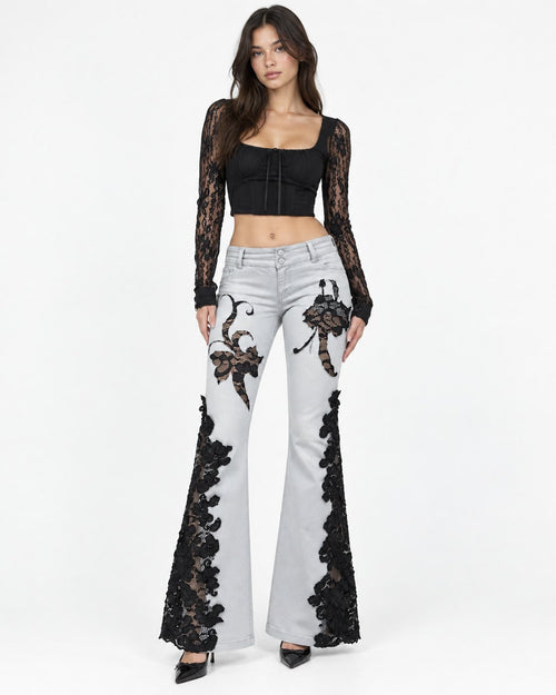 Noir Lace Flare Jeans front on model