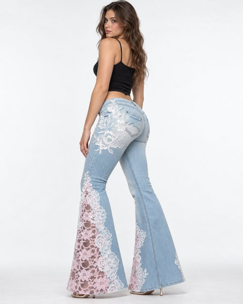 Blush Bloom Flare Jeans back on model